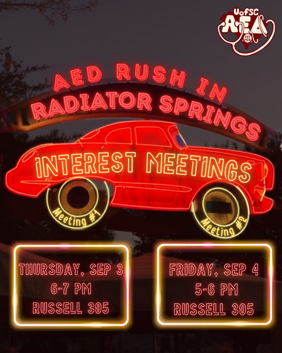 AED Rush interest meetings - Sept 3 and Sept 4 in Russell 305