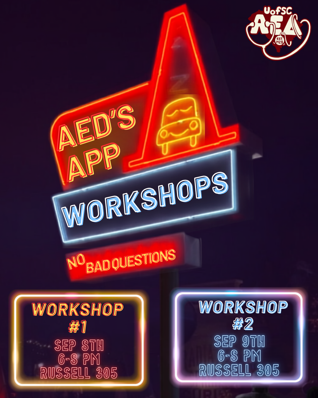 AED application workshops - Sept 8 and Sept 9 in Russell 305