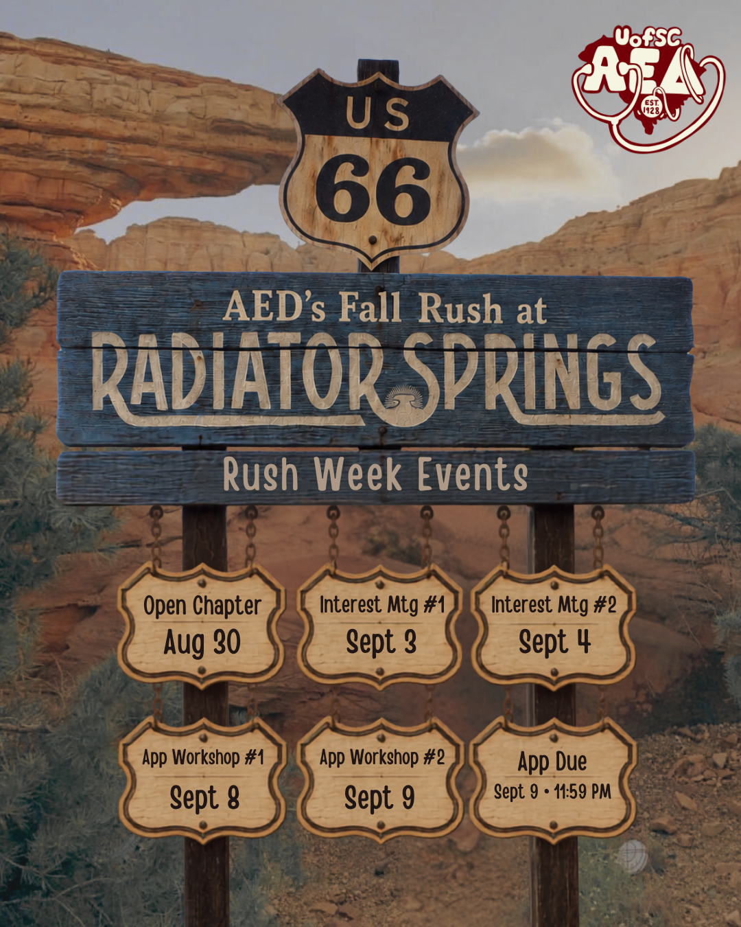 AED's Fall Rush at Radiator Springs - rush week events schedule