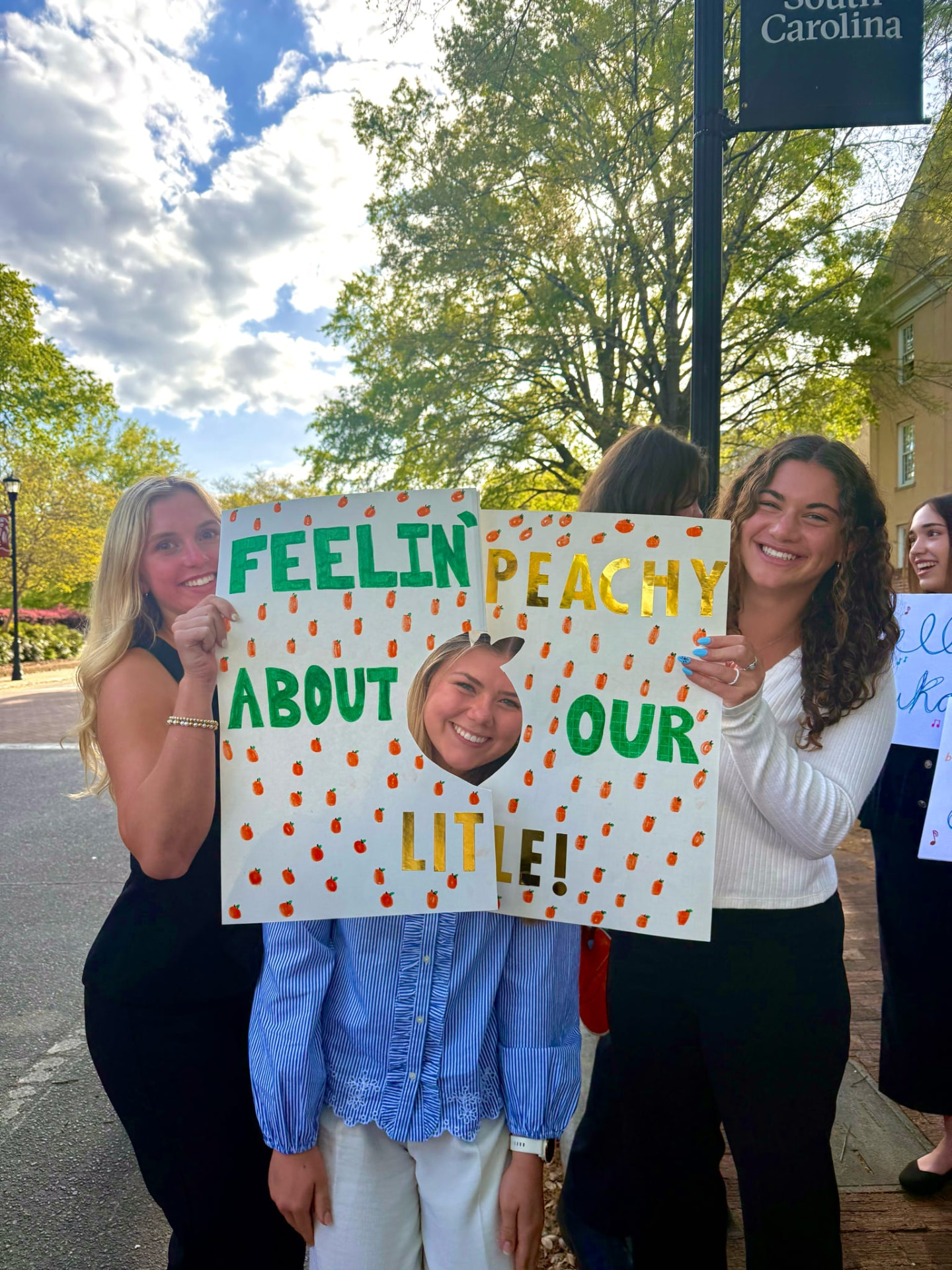 Members holding handmade signs at an AED big-little reveal